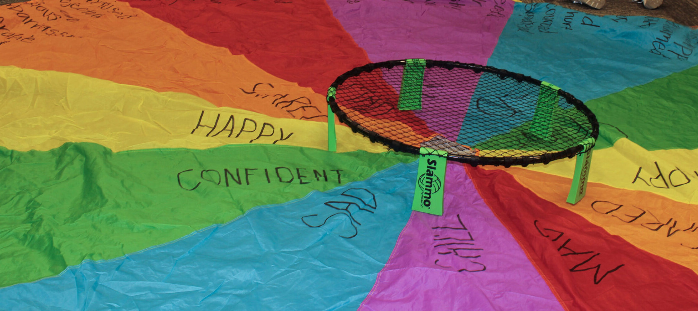 Spiking Emotions parachute with each color representing a different emotion, and smaller emotions written on the outskirt of each color
